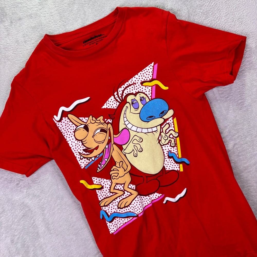 Nickelodeon Mens T-Shirt Size Small Red Ren & Stimpy Graphic 90s Style Tee